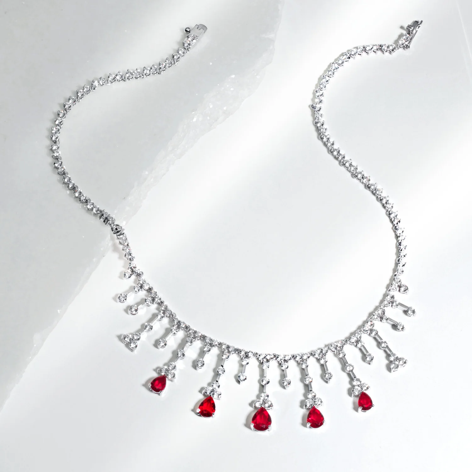 Vintage Style Red CZ Teardrop Collar Necklace Silver Plated Brass - Image 4