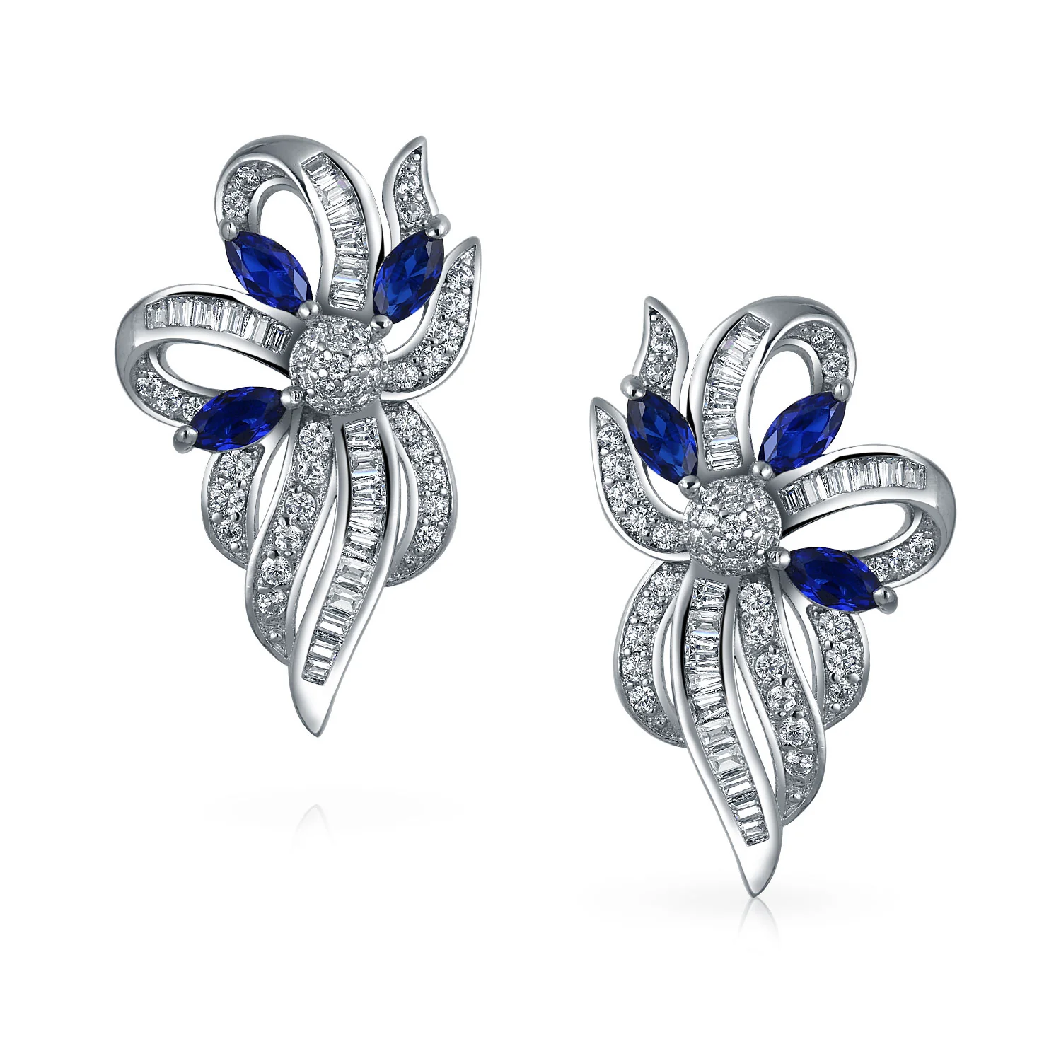 Blue White Ribbon Bow Drop Stud Earrings Crystal CZ Silver Plated - Image 2