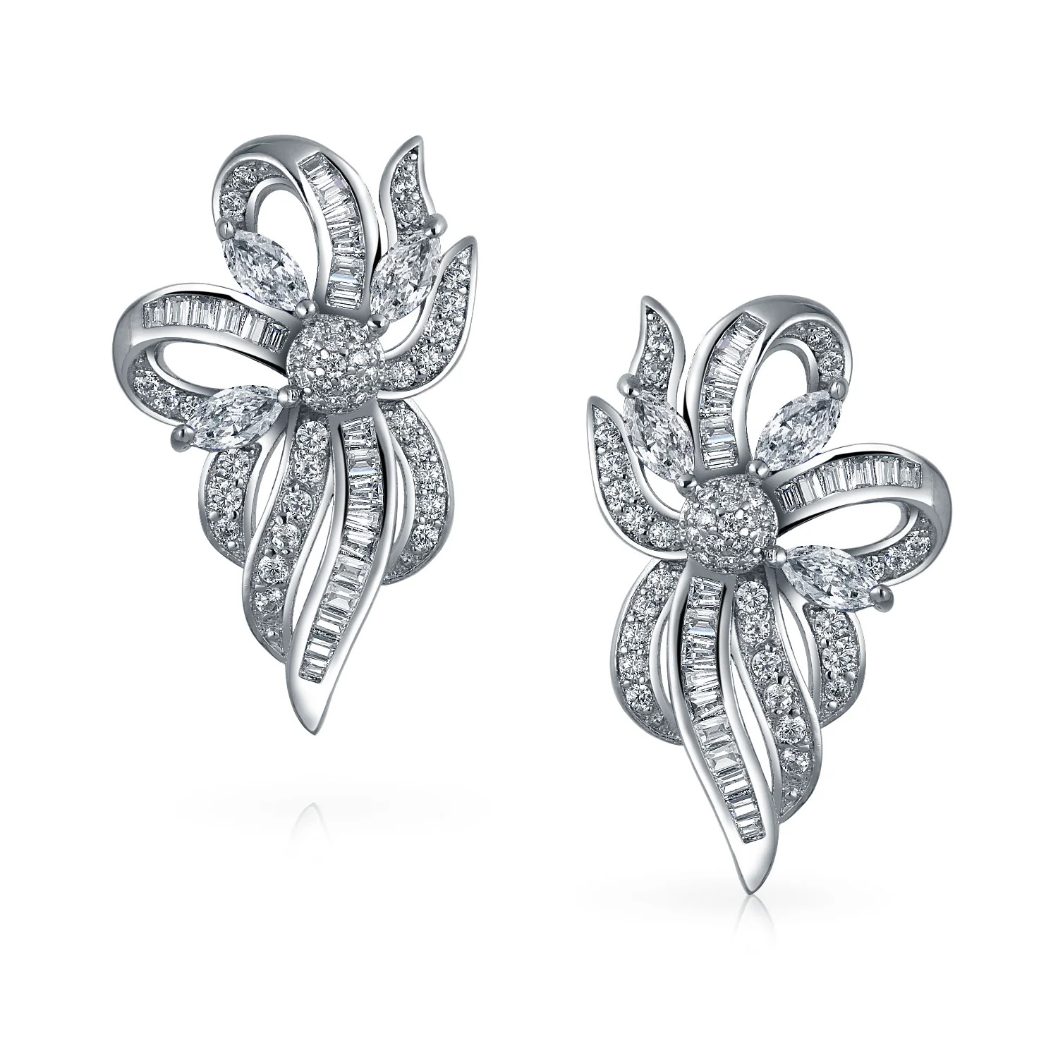Vintage Style Bridal White Ribbon Bow Drop Stud Earrings For Women - Image 2