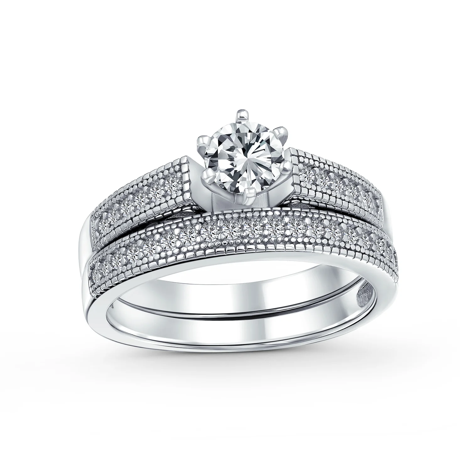 1.5CT Round Cubic Zirconia Solitaire 6 Prong Milgrain CZ Pave Engagement Band Ring Set Sterling Silver