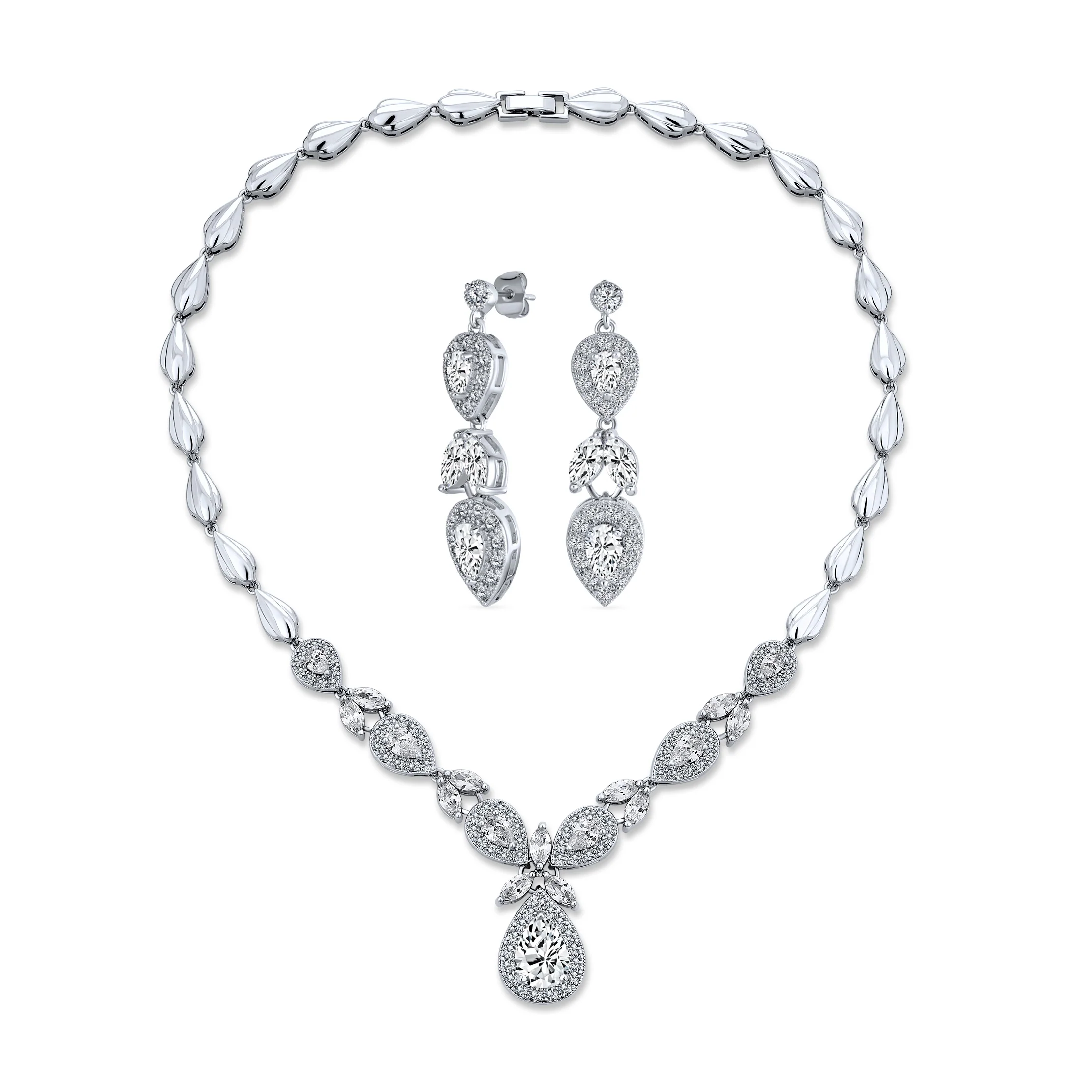 Vintage Marquise Leaf Starburst Necklace Earrings Set Silver