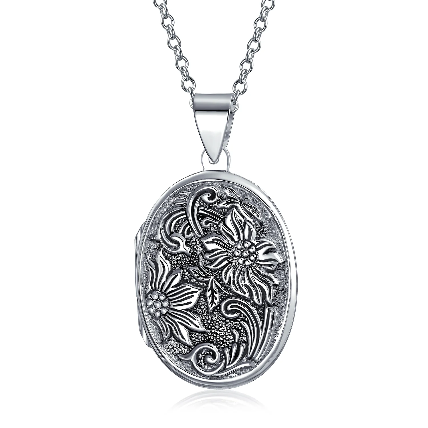 Oval Photo Keepsake Locket Necklace Floral Sunflower Embossed Design Oxidized .925 Sterling Silver