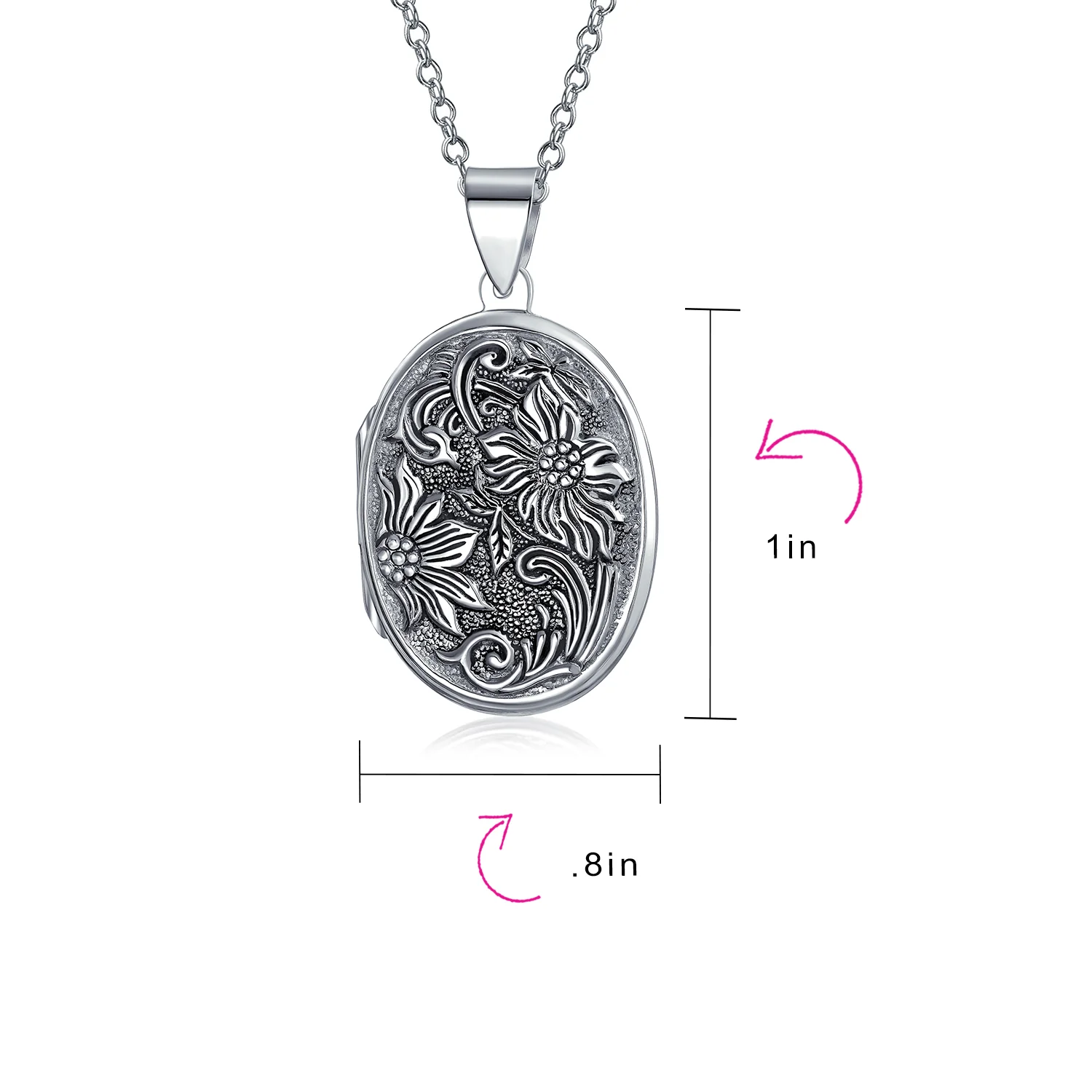 Oval Photo Keepsake Locket Necklace Floral Sunflower Embossed Design Oxidized .925 Sterling Silver - Image 4