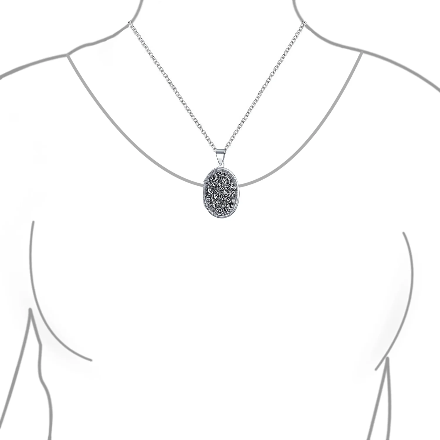 Oval Photo Keepsake Locket Necklace Floral Sunflower Embossed Design Oxidized .925 Sterling Silver - Image 5