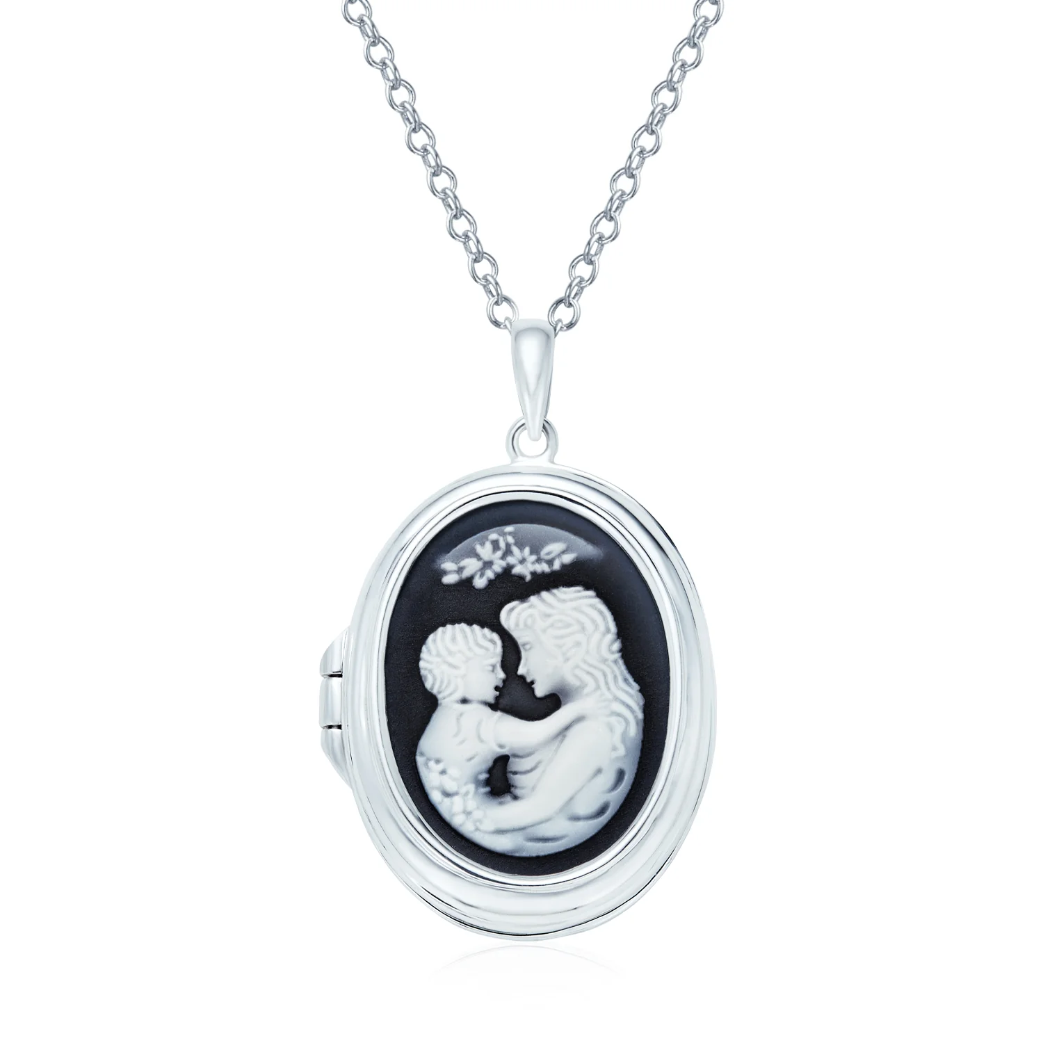 Victorian Style Blue White Loving Family Mother Cameo Locket Pendant Necklace Sterling Silver - Image 2