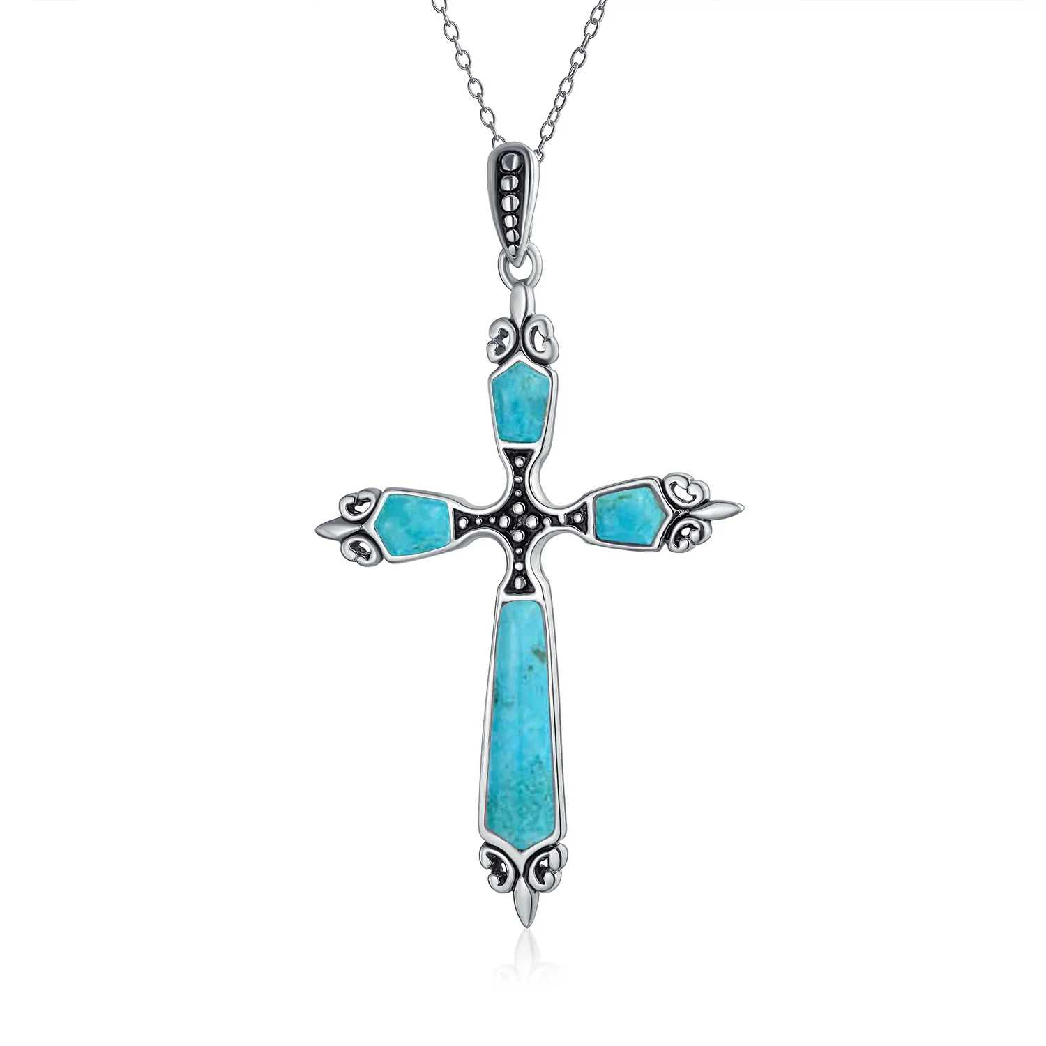 Vintage Turquoise Gemstone Cross Pendant Necklace Silver