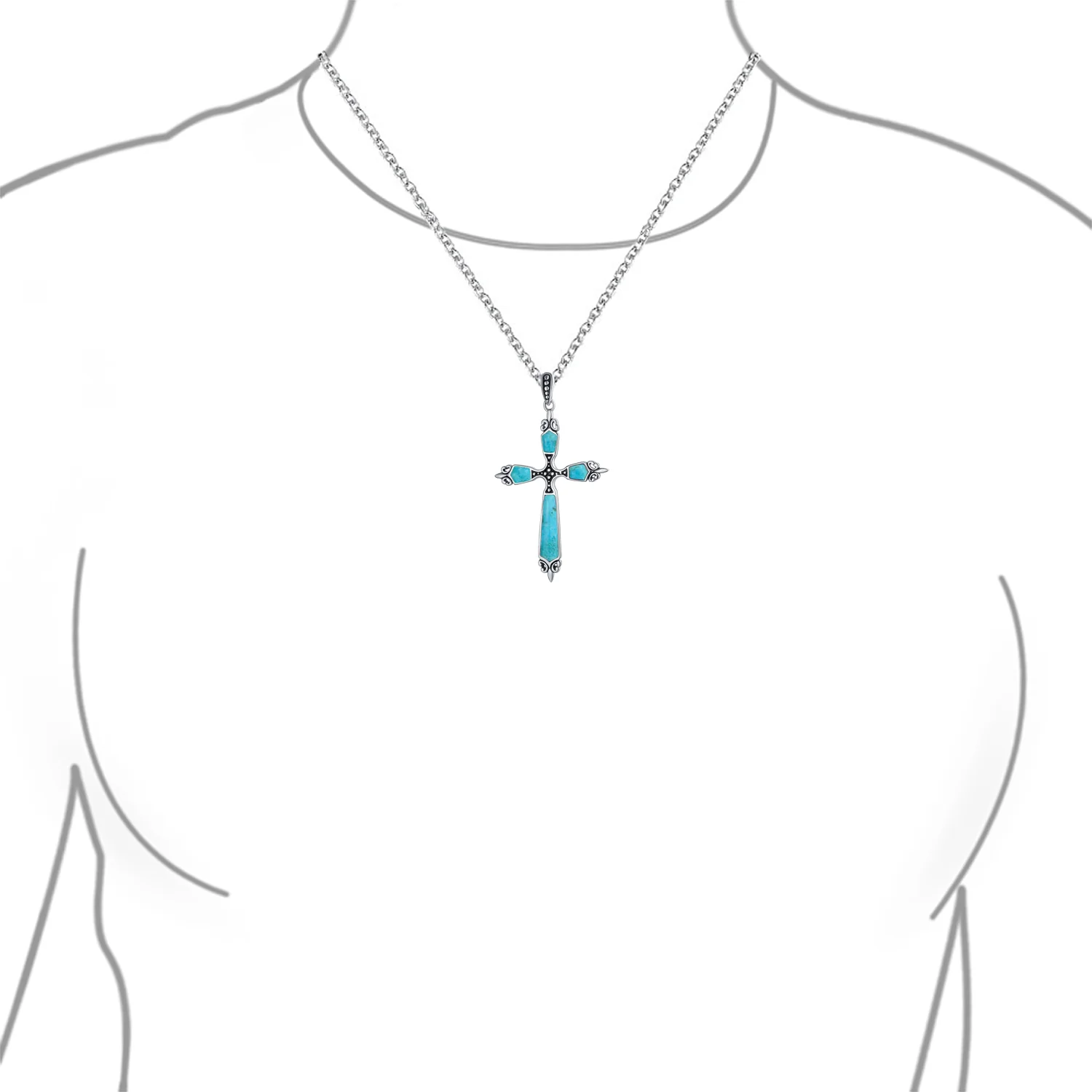 Vintage Turquoise Gemstone Cross Pendant Necklace Silver - Image 7