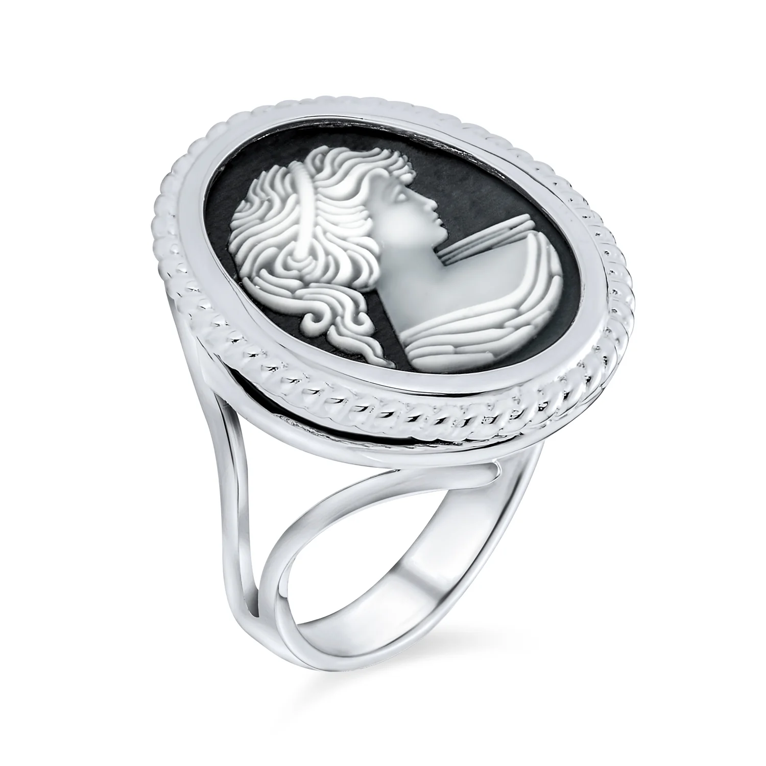 Vintage Women Lady Portrait Oval Black Cameo Ring .925Sterling Silver - Image 2