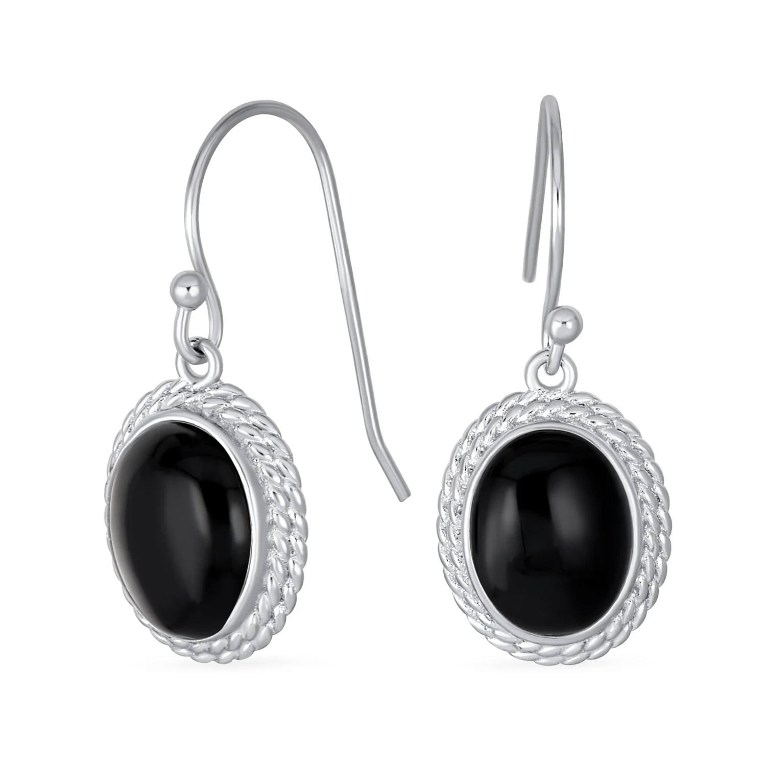 Quartz Onyx Turquoise Milgrain Cable Edge Oval Drop Earrings Sterling Silver - Image 2