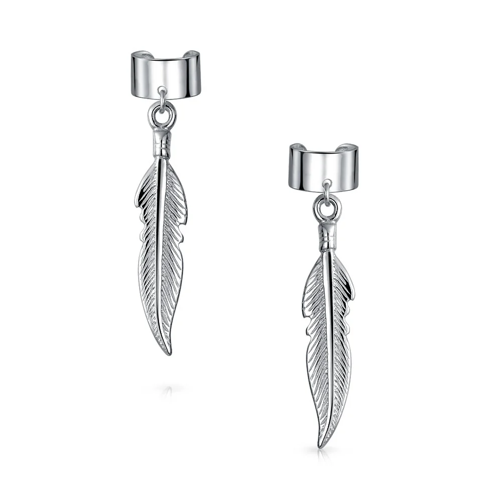 Feather Ear Lobe Earrings Dangling Leaf Cartilage Cuff Earrings .925 Sterling Silver - Image 2