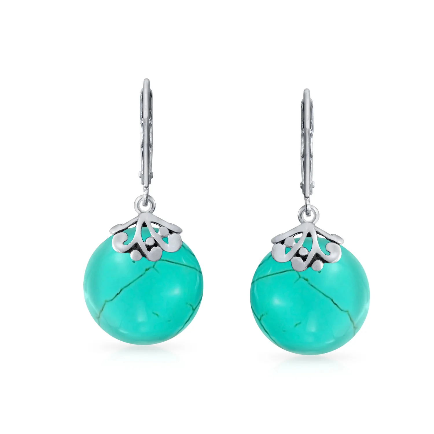 Bali Style Circle Round Shape Green Jade Dangle Drops Earrings .925 Sterling Silver Leverback - Image 10