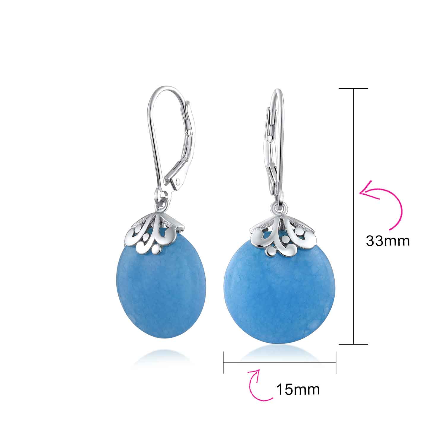 Bali Style Circle Round Shape Green Jade Dangle Drops Earrings .925 Sterling Silver Leverback - Image 23