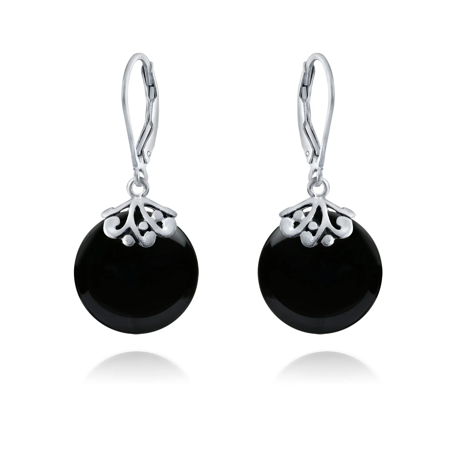 Bali Style Circle Round Shape Green Jade Dangle Drops Earrings .925 Sterling Silver Leverback - Image 3