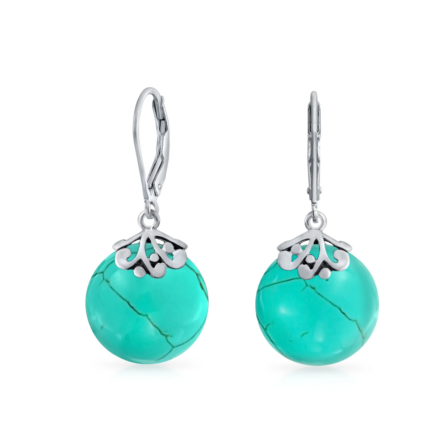 Bali Style Circle Round Shape Green Jade Dangle Drops Earrings .925 Sterling Silver Leverback - Image 4