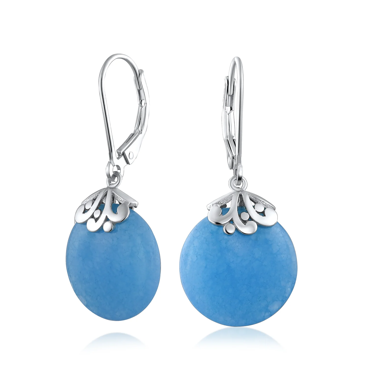 Bali Style Circle Round Shape Green Jade Dangle Drops Earrings .925 Sterling Silver Leverback - Image 5