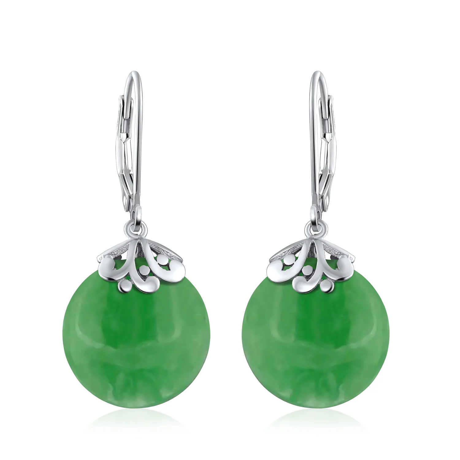 Bali Style Circle Round Shape Green Jade Dangle Drops Earrings .925 Sterling Silver Leverback - Image 7