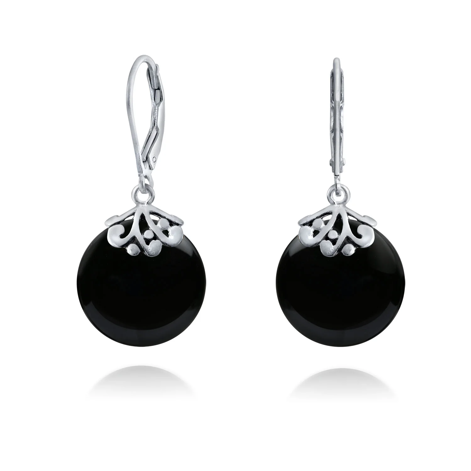 Bali Style Circle Round Shape Green Jade Dangle Drops Earrings .925 Sterling Silver Leverback - Image 9