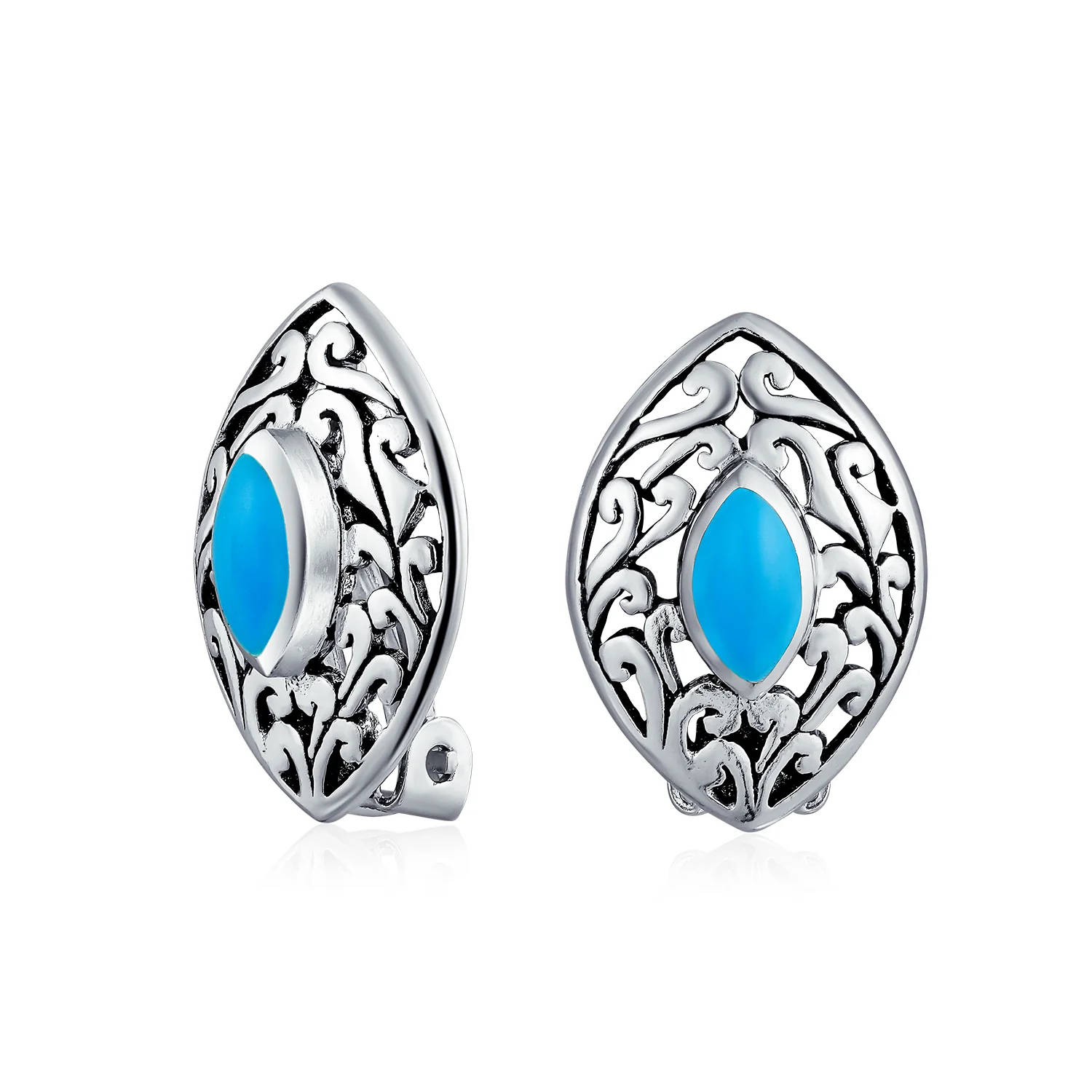 Filigree Marquise Blue Turquoise Clip-On Earrings Non-Pierced Sterling Silver