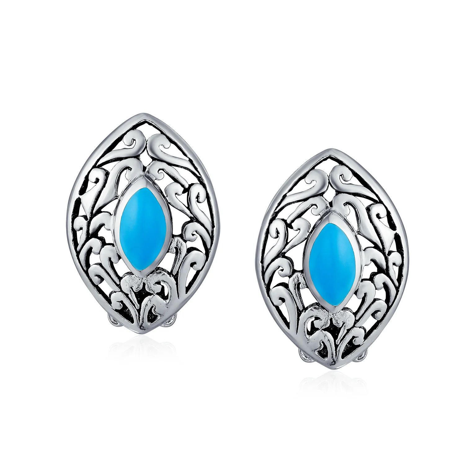 Filigree Marquise Blue Turquoise Clip-On Earrings Non-Pierced Sterling Silver - Image 2