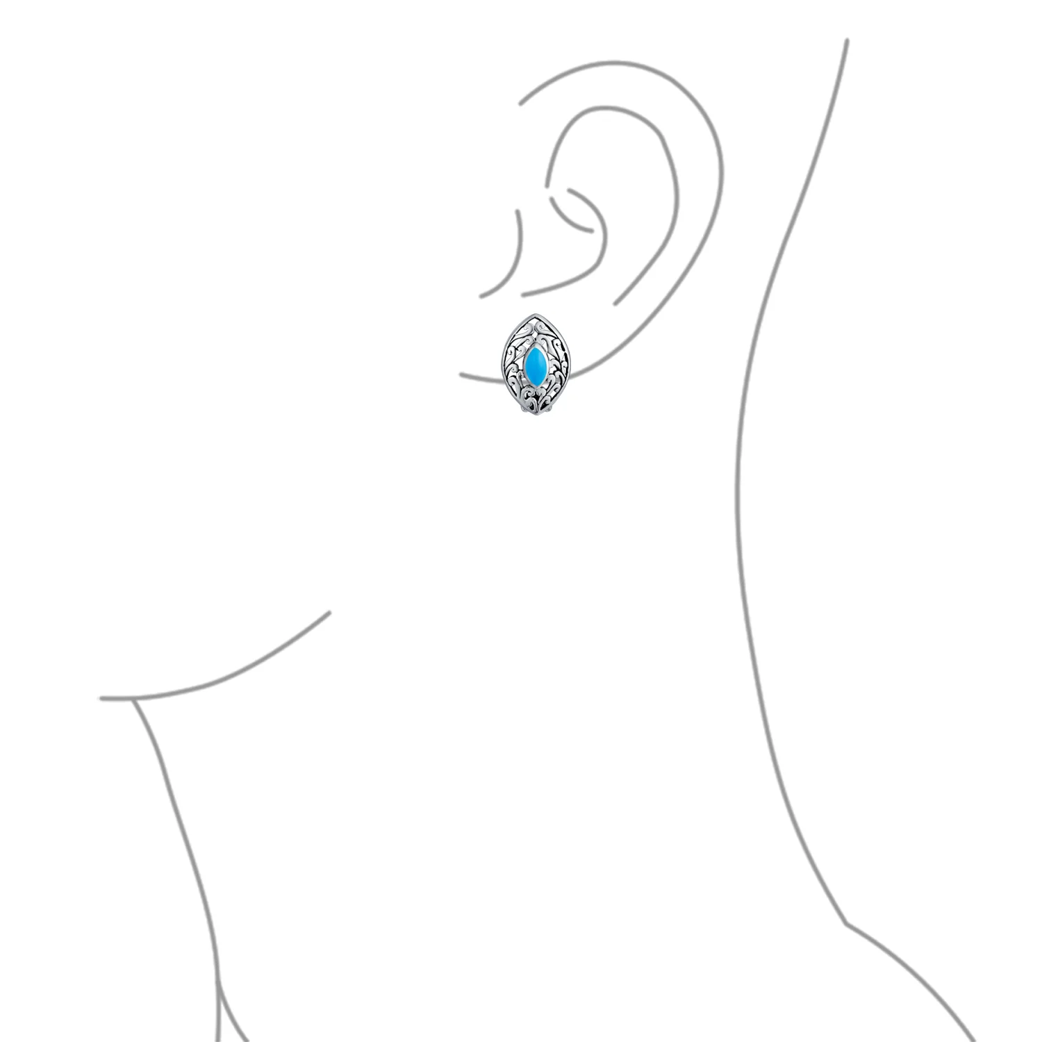 Filigree Marquise Blue Turquoise Clip-On Earrings Non-Pierced Sterling Silver - Image 3