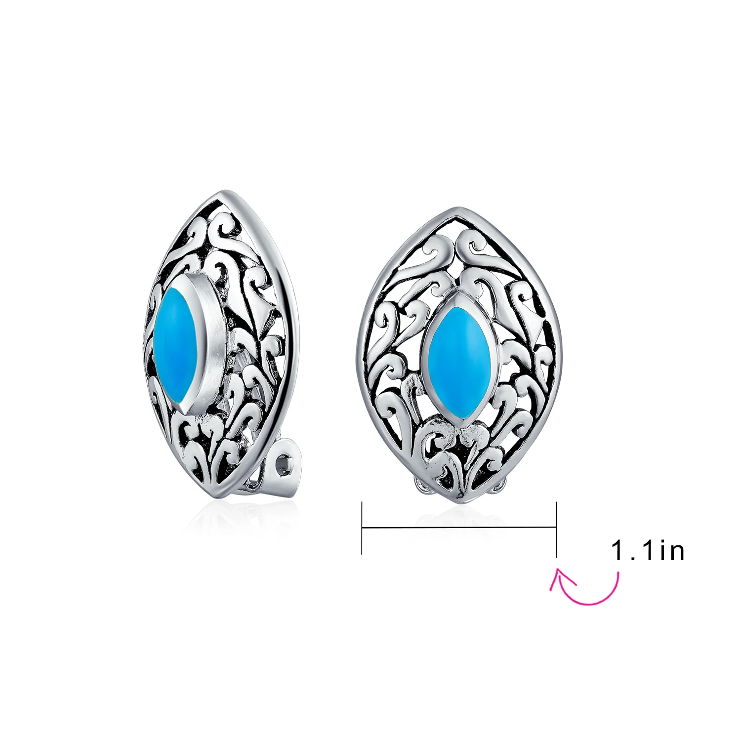 Filigree Marquise Blue Turquoise Clip-On Earrings Non-Pierced Sterling Silver - Image 4