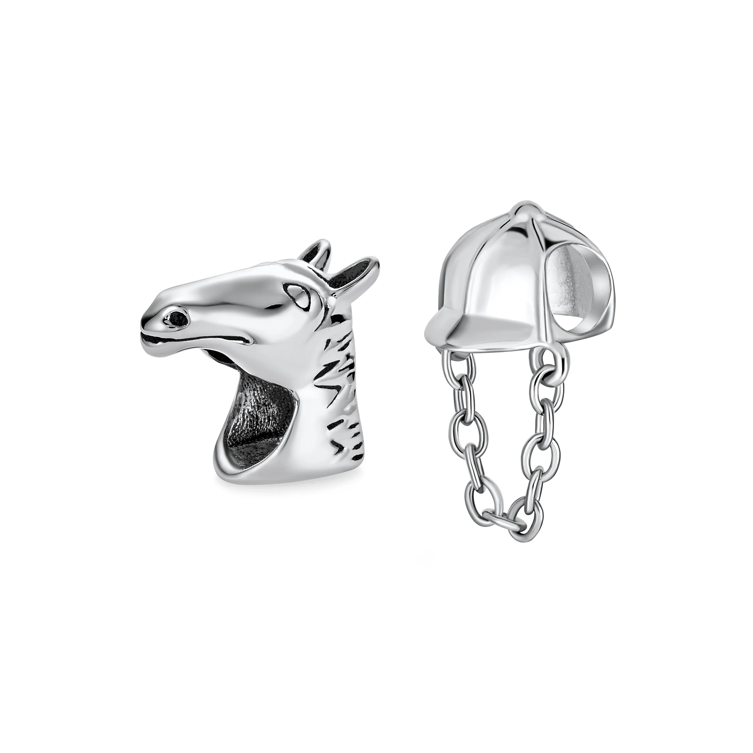 Set of 2 Western Horse and Jockey Equestrian Cap Hat Charm Bead Sterling Silver