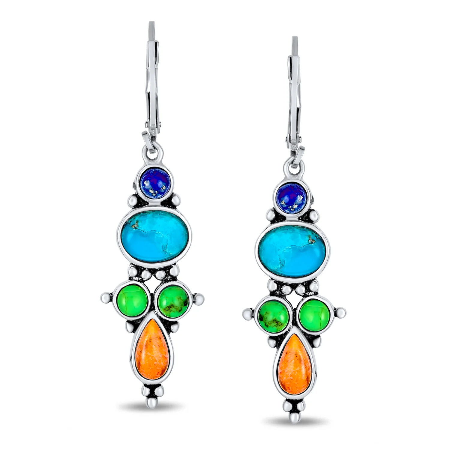 Western Style Multicolor Stones Lapis Turquoise Coral Dangle Earrings .925 Sterling Silver Lever Back - Image 2