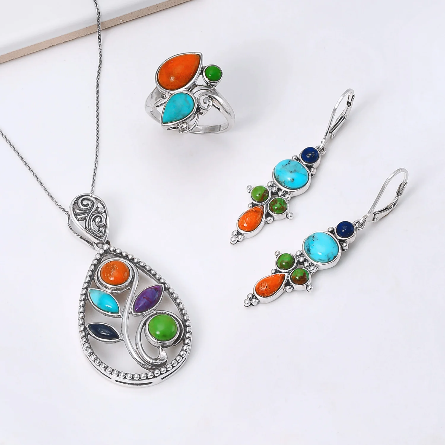Western Style Multicolor Stones Lapis Turquoise Coral Dangle Earrings .925 Sterling Silver Lever Back - Image 5