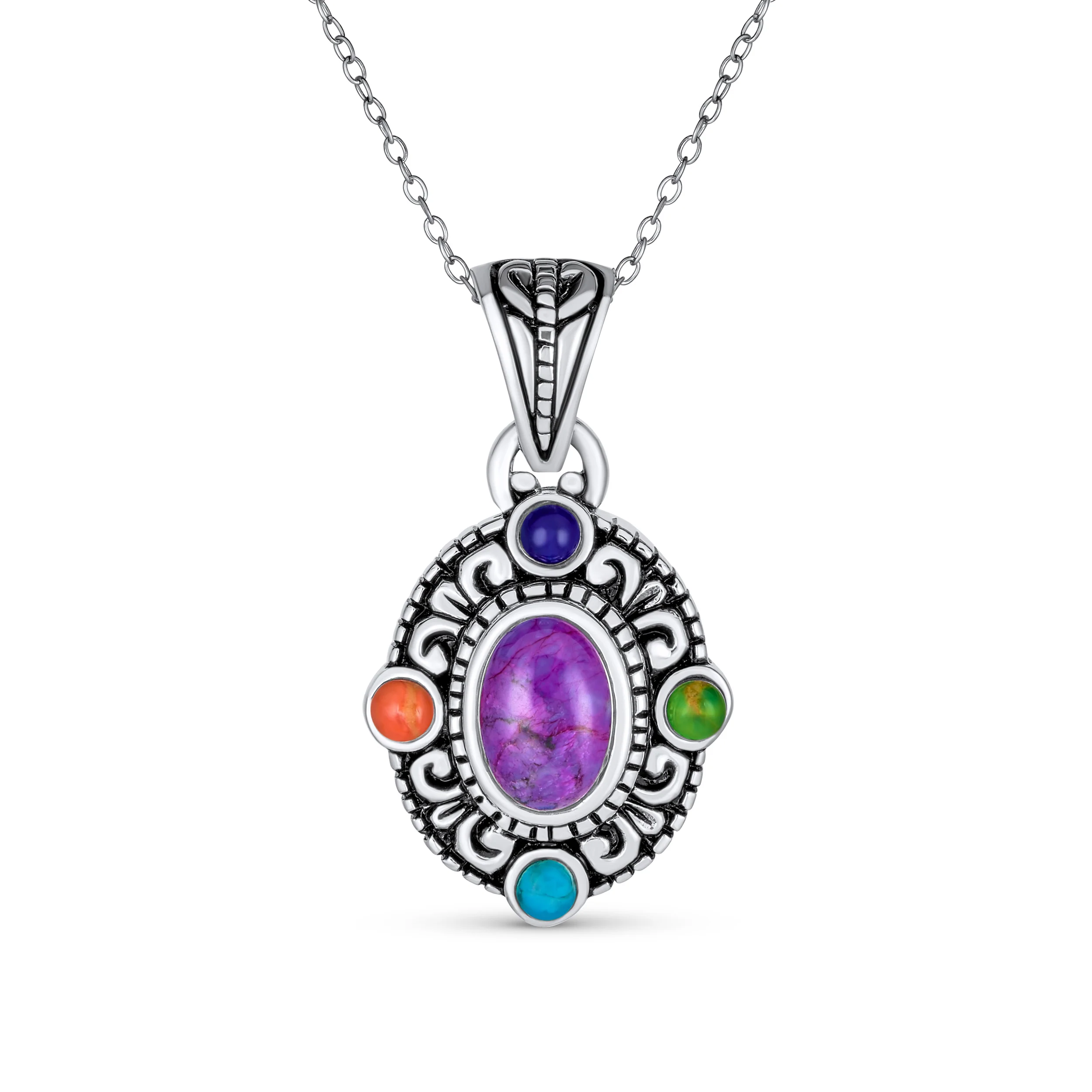 Southwest Style Oval Cabochon Multicolor Purple Turquoise Medallion Pendant Necklace Oxidized Sterling Silver