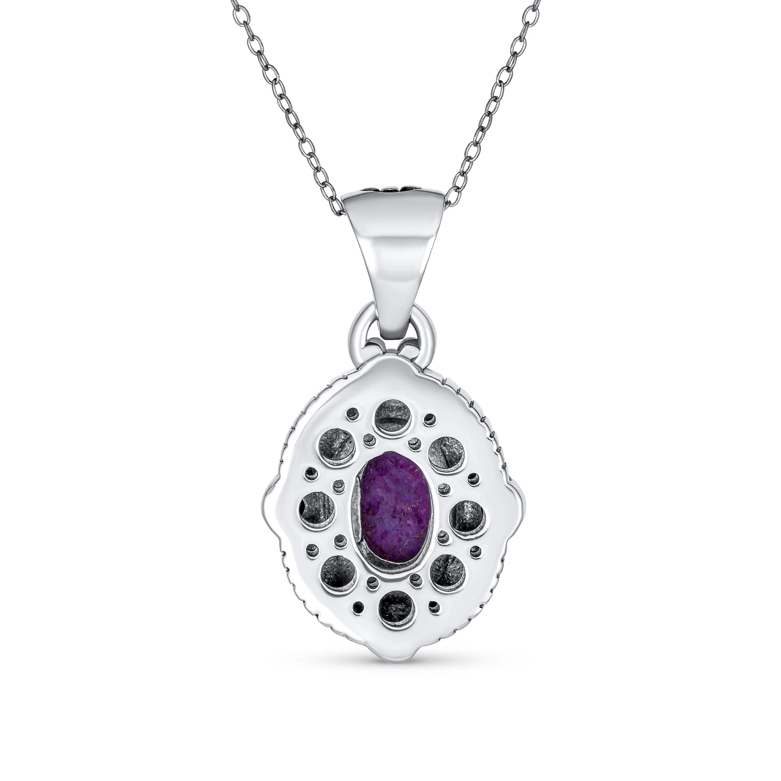 Southwest Style Oval Cabochon Multicolor Purple Turquoise Medallion Pendant Necklace Oxidized Sterling Silver - Image 2