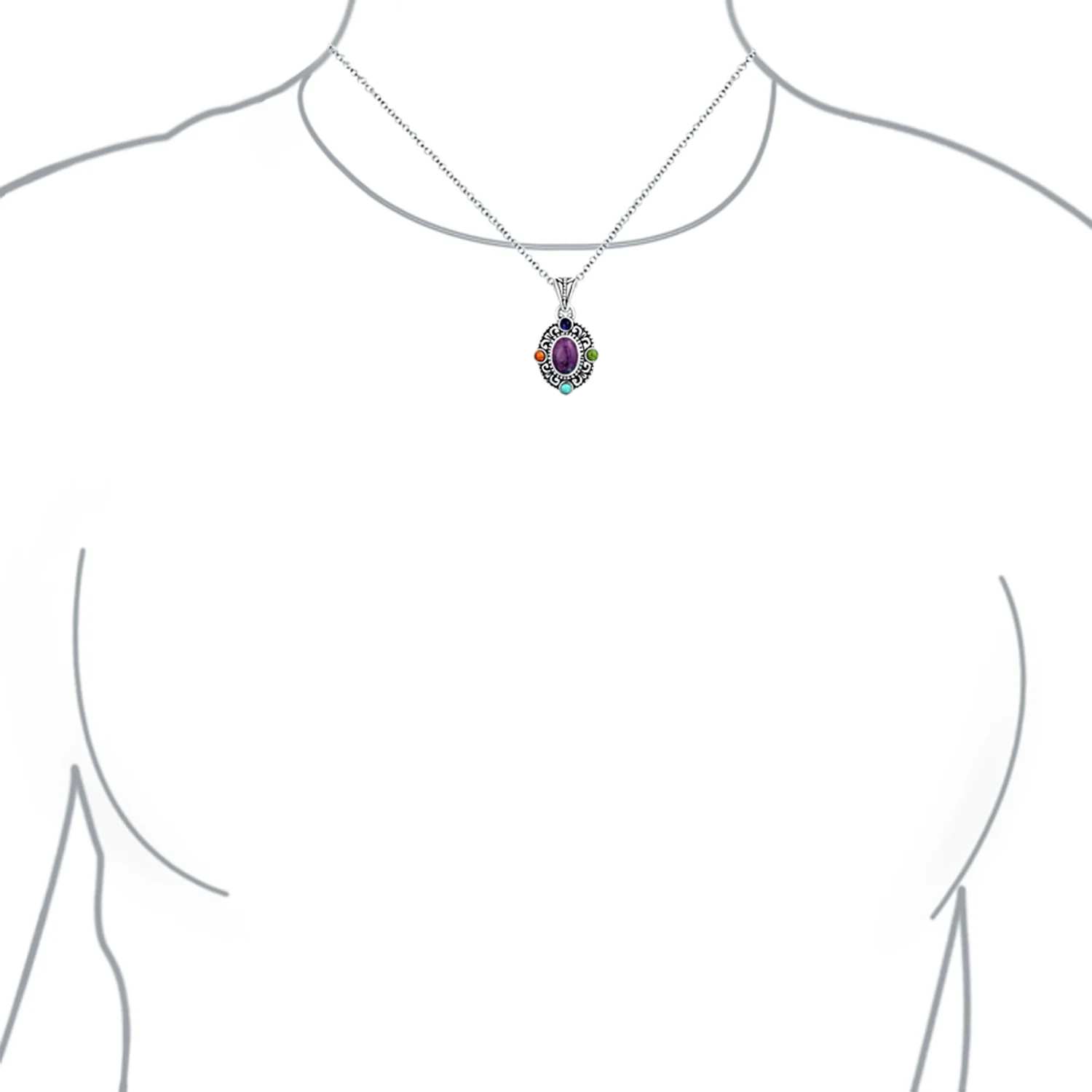 Southwest Style Oval Cabochon Multicolor Purple Turquoise Medallion Pendant Necklace Oxidized Sterling Silver - Image 3