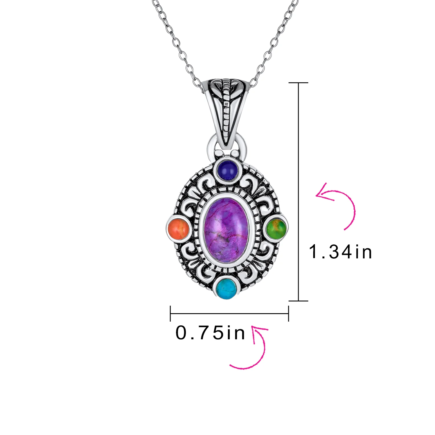 Southwest Style Oval Cabochon Multicolor Purple Turquoise Medallion Pendant Necklace Oxidized Sterling Silver - Image 4