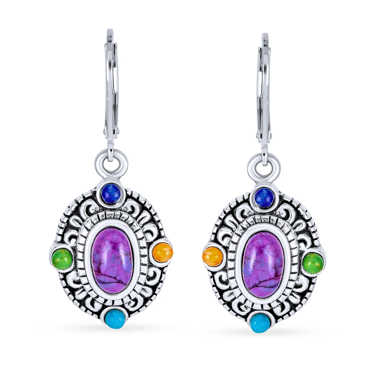 Western Multicolor Dangle Gemstone Earrings Purple Turquoise Sterling Silver - Image 2