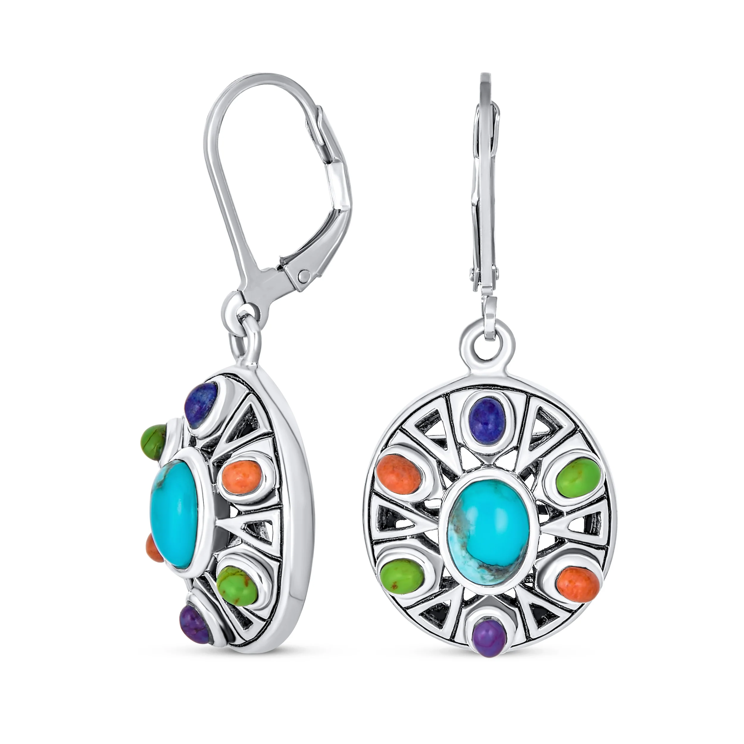 Native American Style Multi Color Stones Lapis Turquoise Coral Drop Earrings .925 Sterling Silver