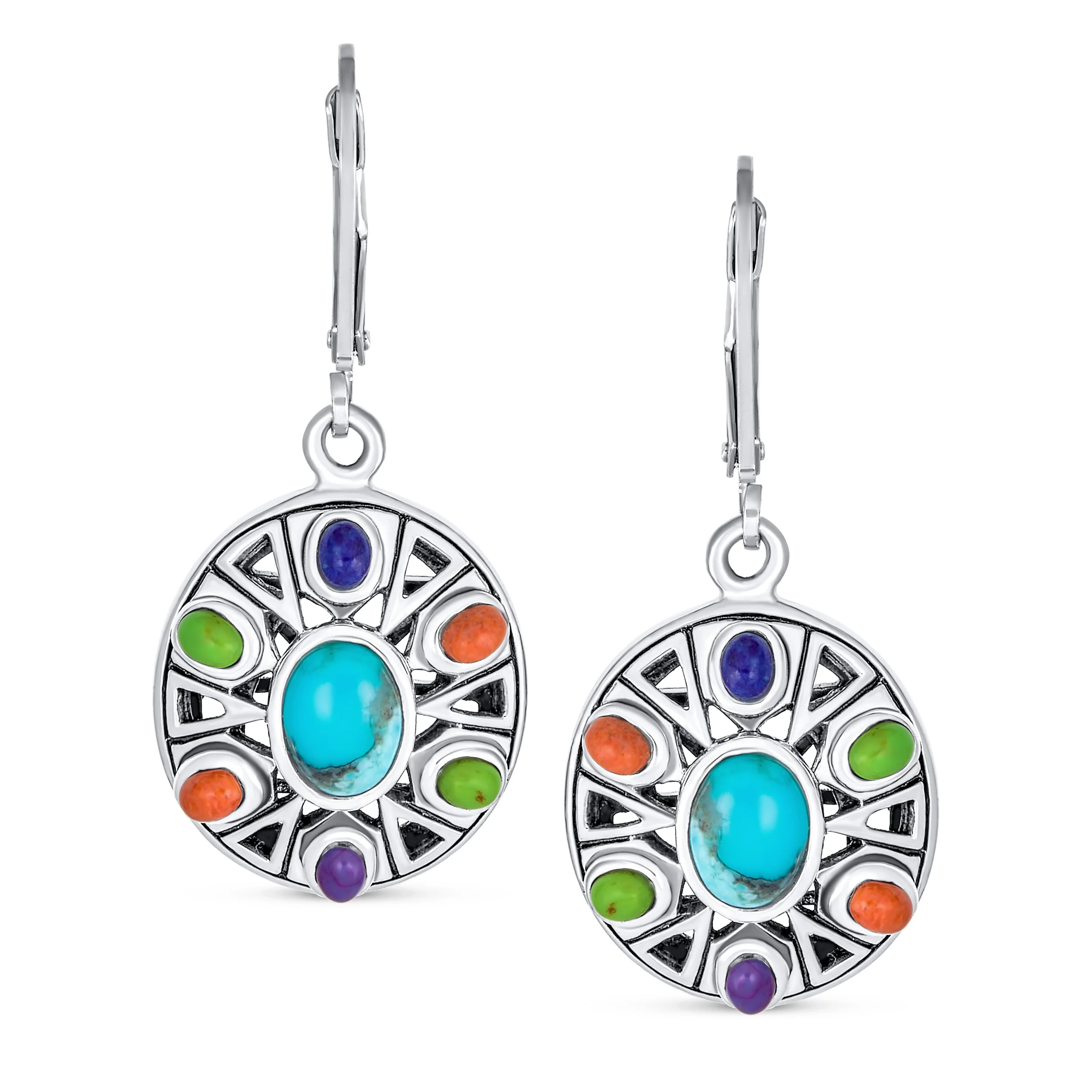 Native American Style Multi Color Stones Lapis Turquoise Coral Drop Earrings .925 Sterling Silver - Image 2