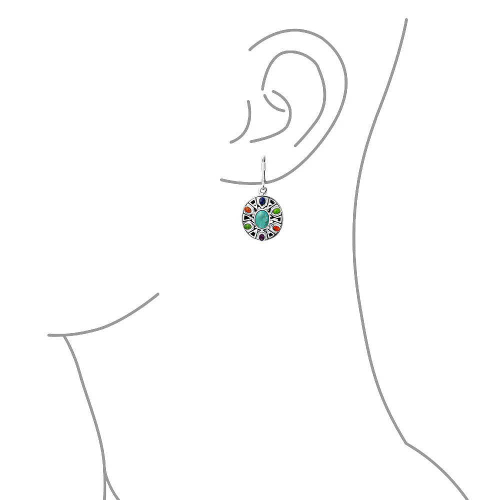 Native American Style Multi Color Stones Lapis Turquoise Coral Drop Earrings .925 Sterling Silver - Image 3