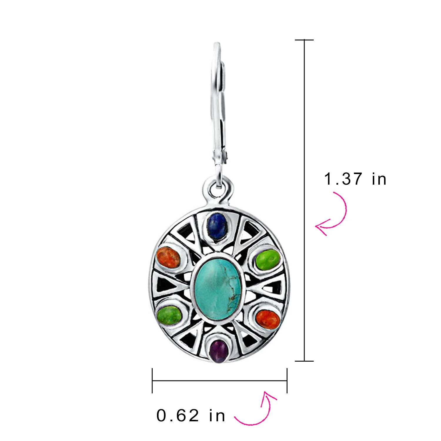 Native American Style Multi Color Stones Lapis Turquoise Coral Drop Earrings .925 Sterling Silver - Image 4