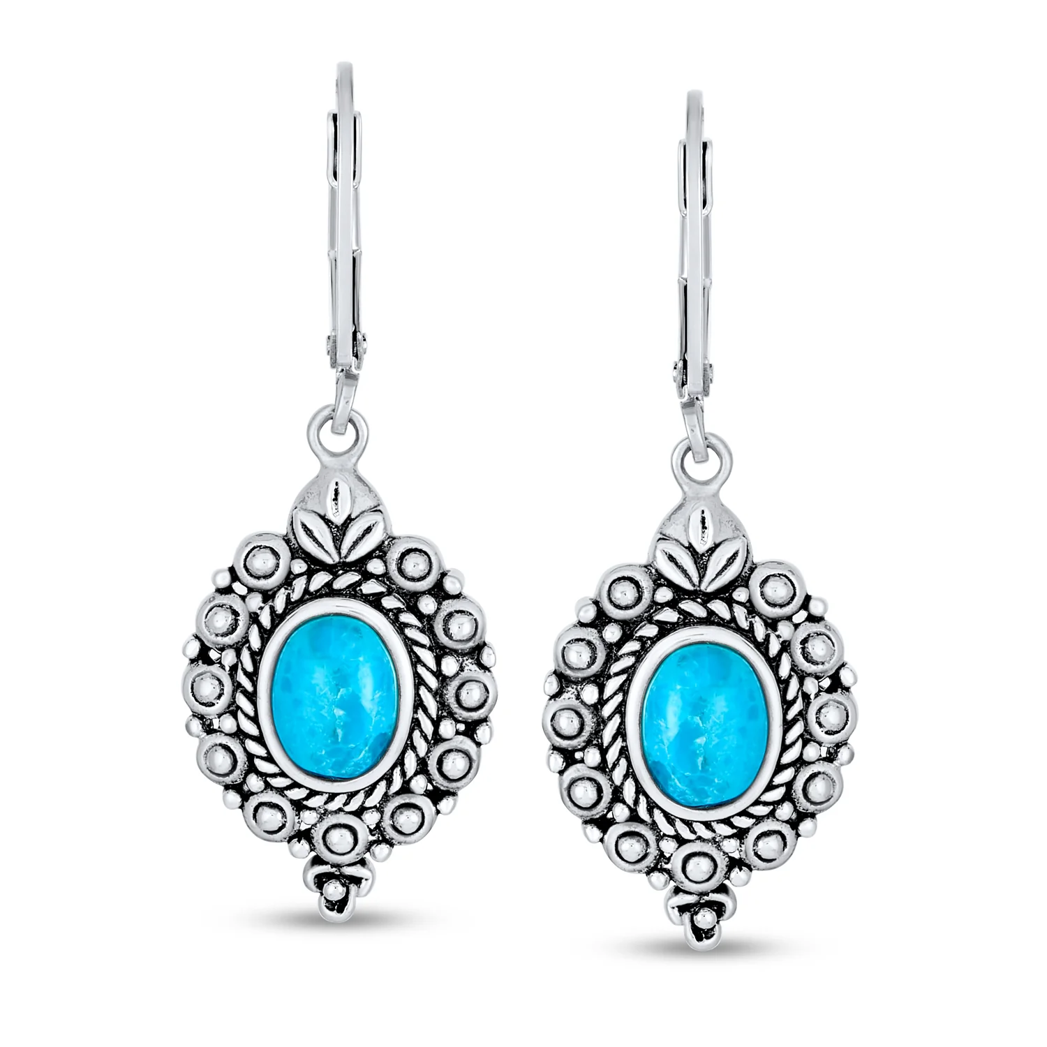Bali Style Oval Natural Blue Turquoise Dangle Drop Earrings Lever Back .925 Sterling Silver - Image 2