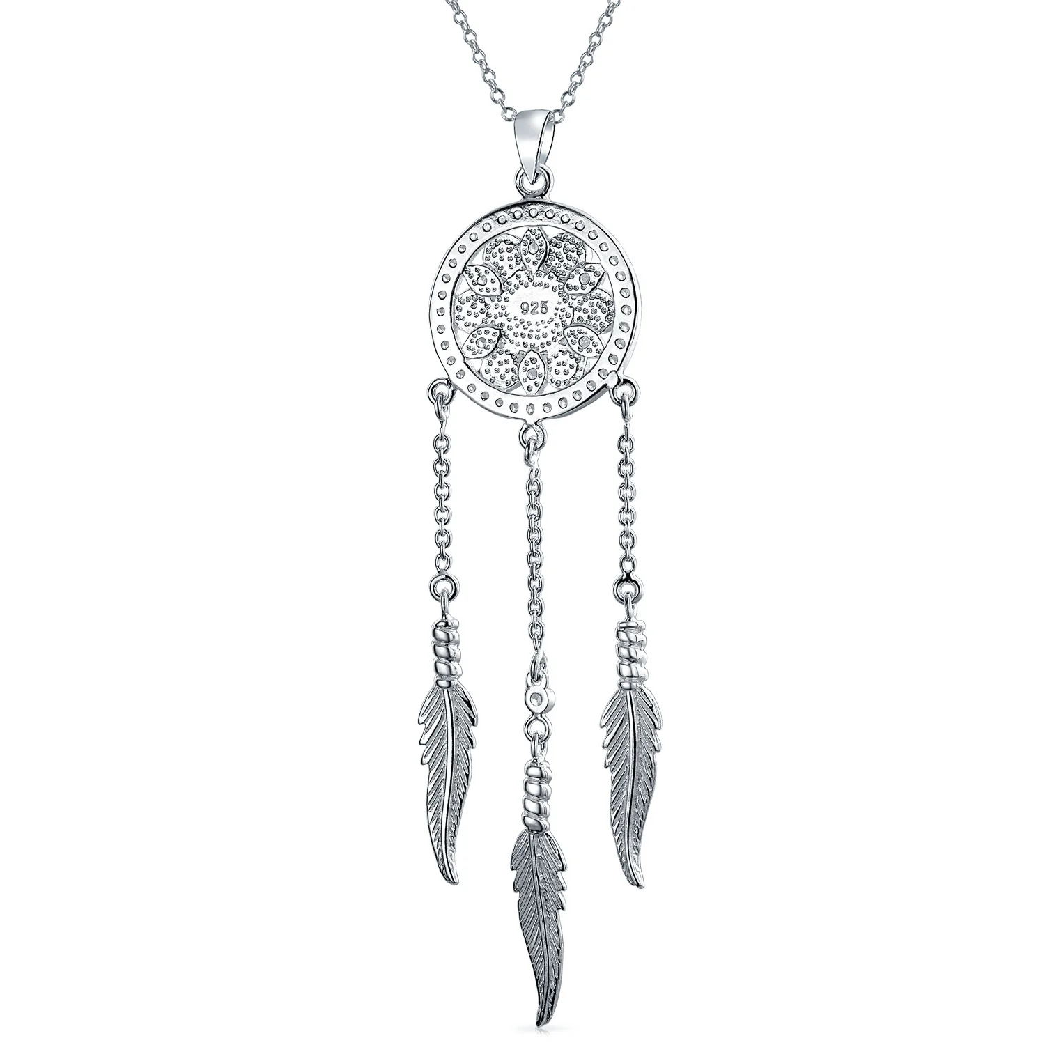 Western Boho Turquoise Feather Dream Catcher Pendant Necklace Sterling Silver - Image 2