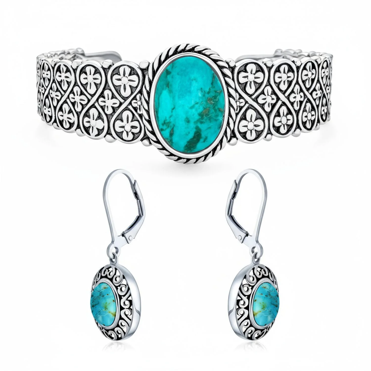 Western Turquoise Gemstone Lattice Bracelet & Dangle Earring Set Sterling Silver