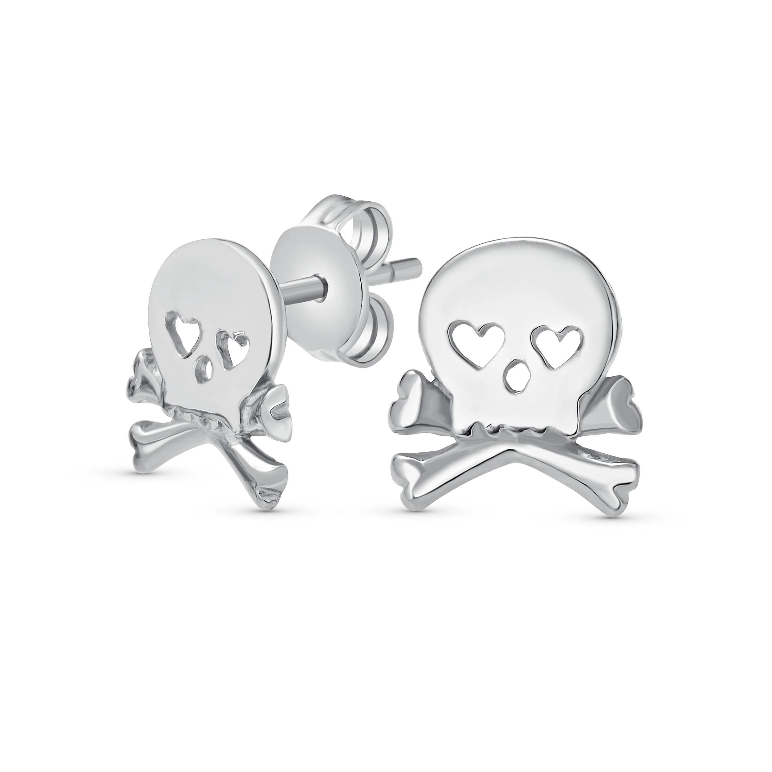 Whimsical Heart Eyes Pirate Skull & Crossbones Stud Earrings Sterling Silver