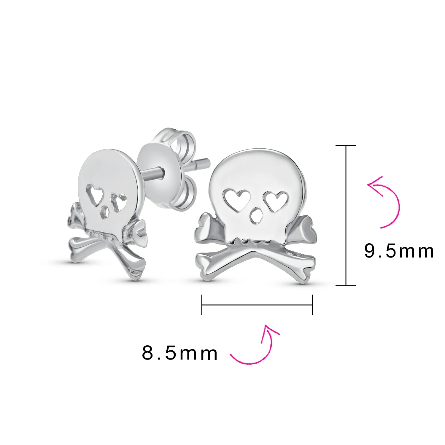 Whimsical Heart Eyes Pirate Skull & Crossbones Stud Earrings Sterling Silver - Image 7