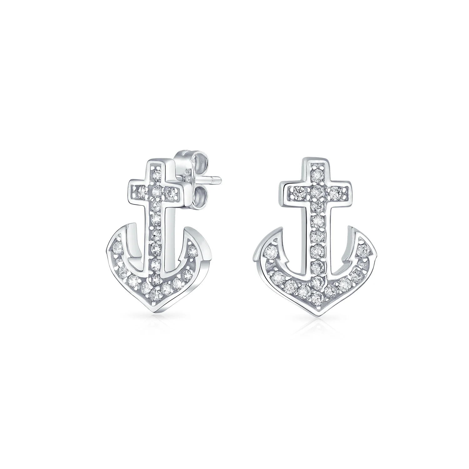 Nautical CZ Stud Earrings with Boat Anchor Pave Cubic Zirconia Sterling Silver