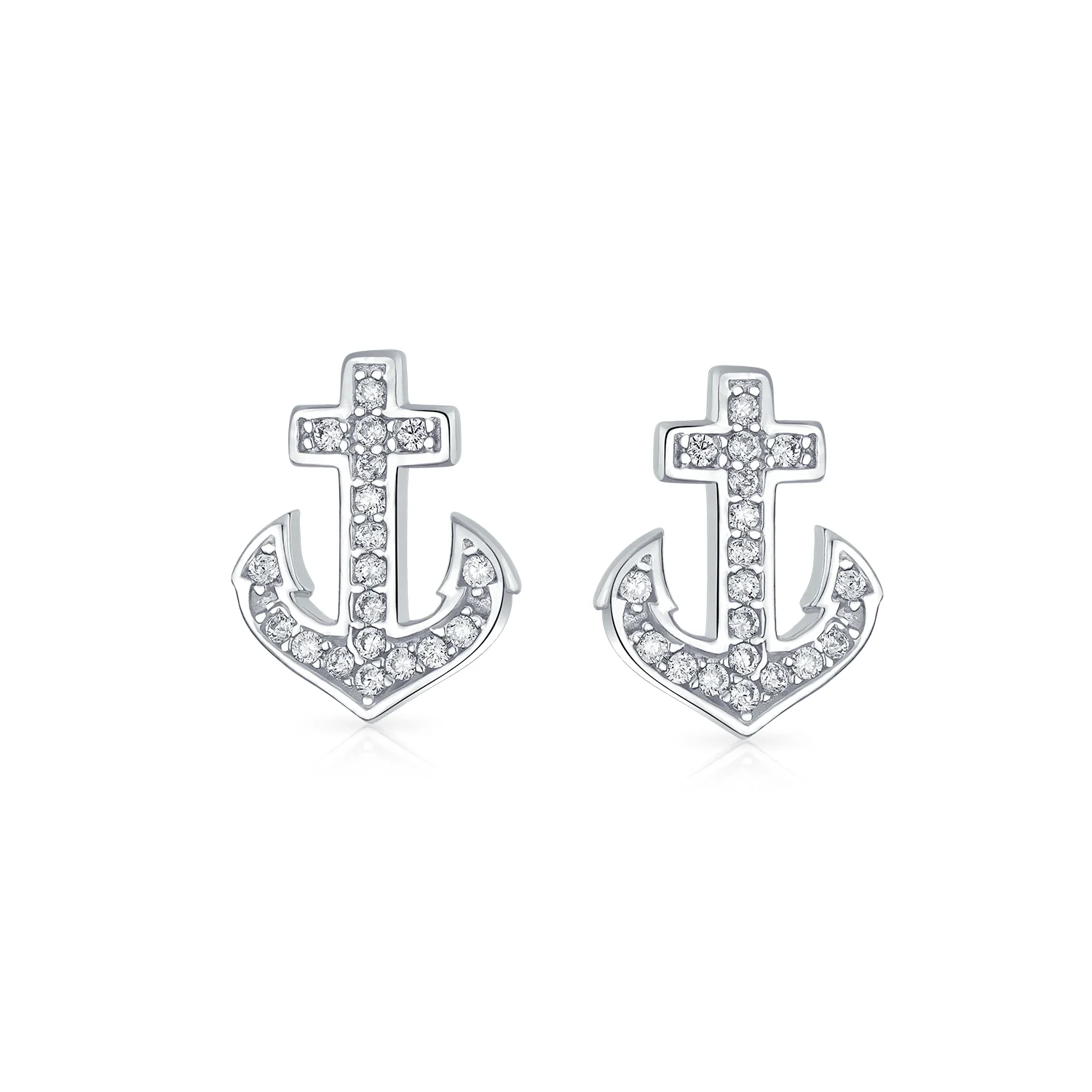 Nautical CZ Stud Earrings with Boat Anchor Pave Cubic Zirconia Sterling Silver - Image 2