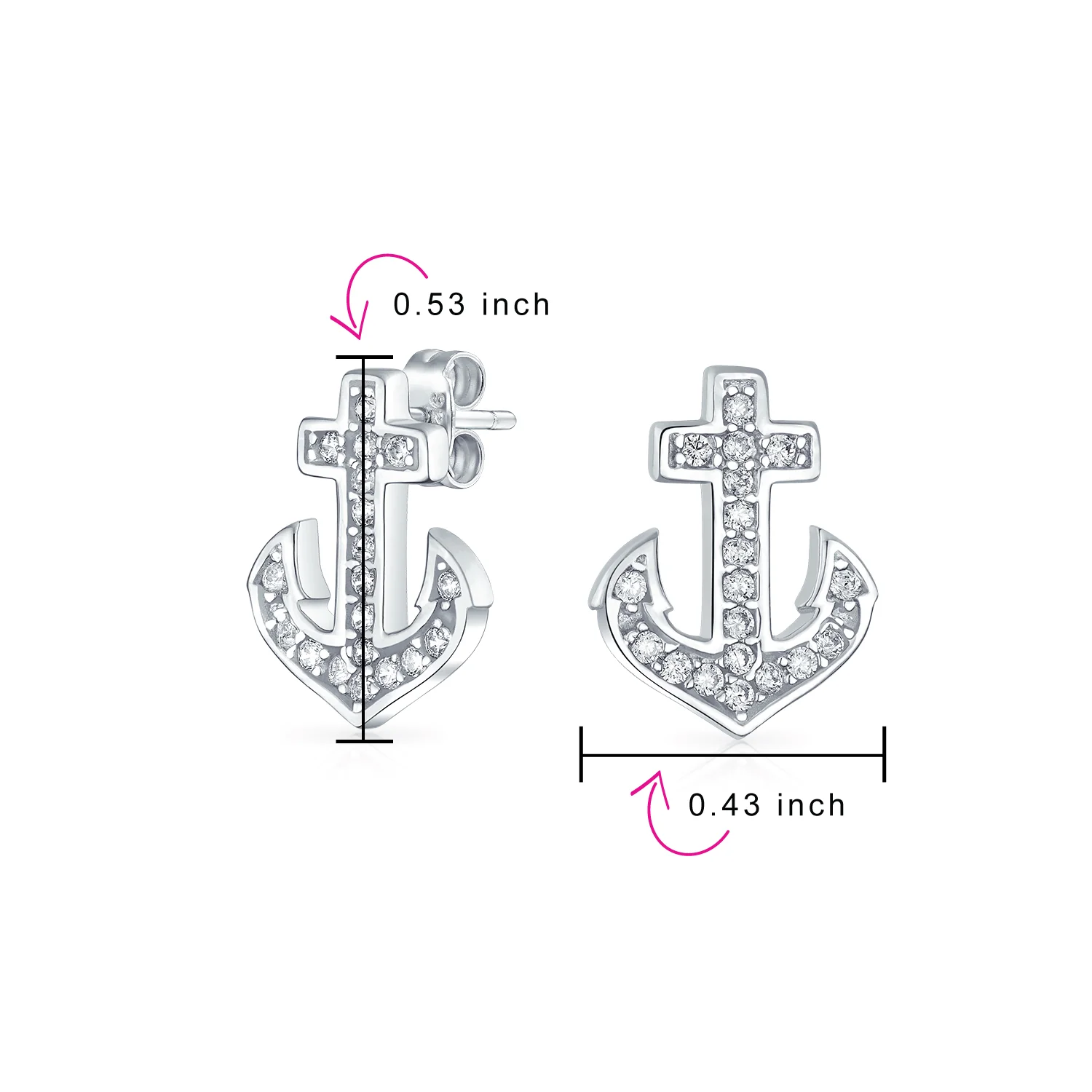 Nautical CZ Stud Earrings with Boat Anchor Pave Cubic Zirconia Sterling Silver - Image 3