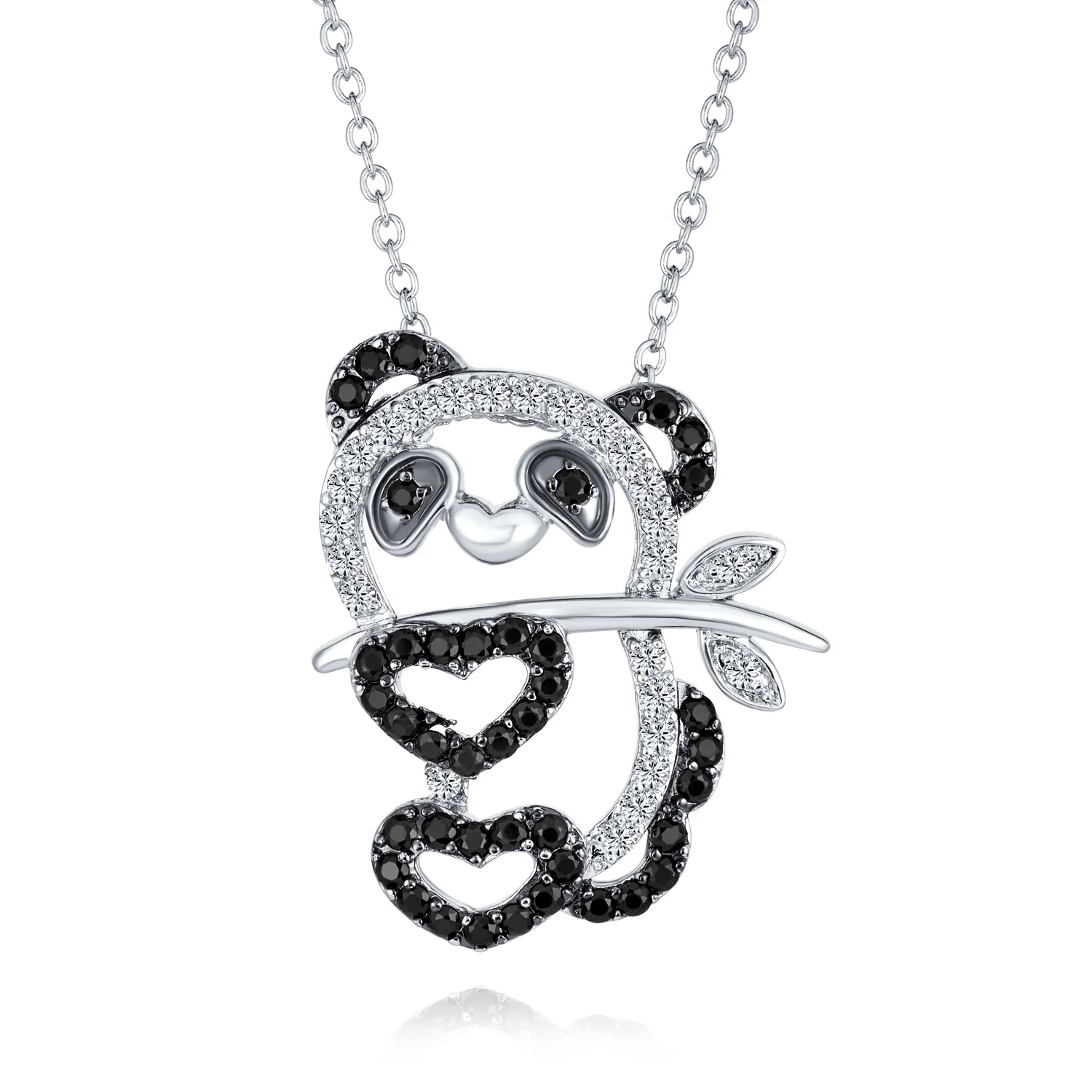 Whimsical Panda Bear Pendant Necklace with Black White CZ Silver Plated
