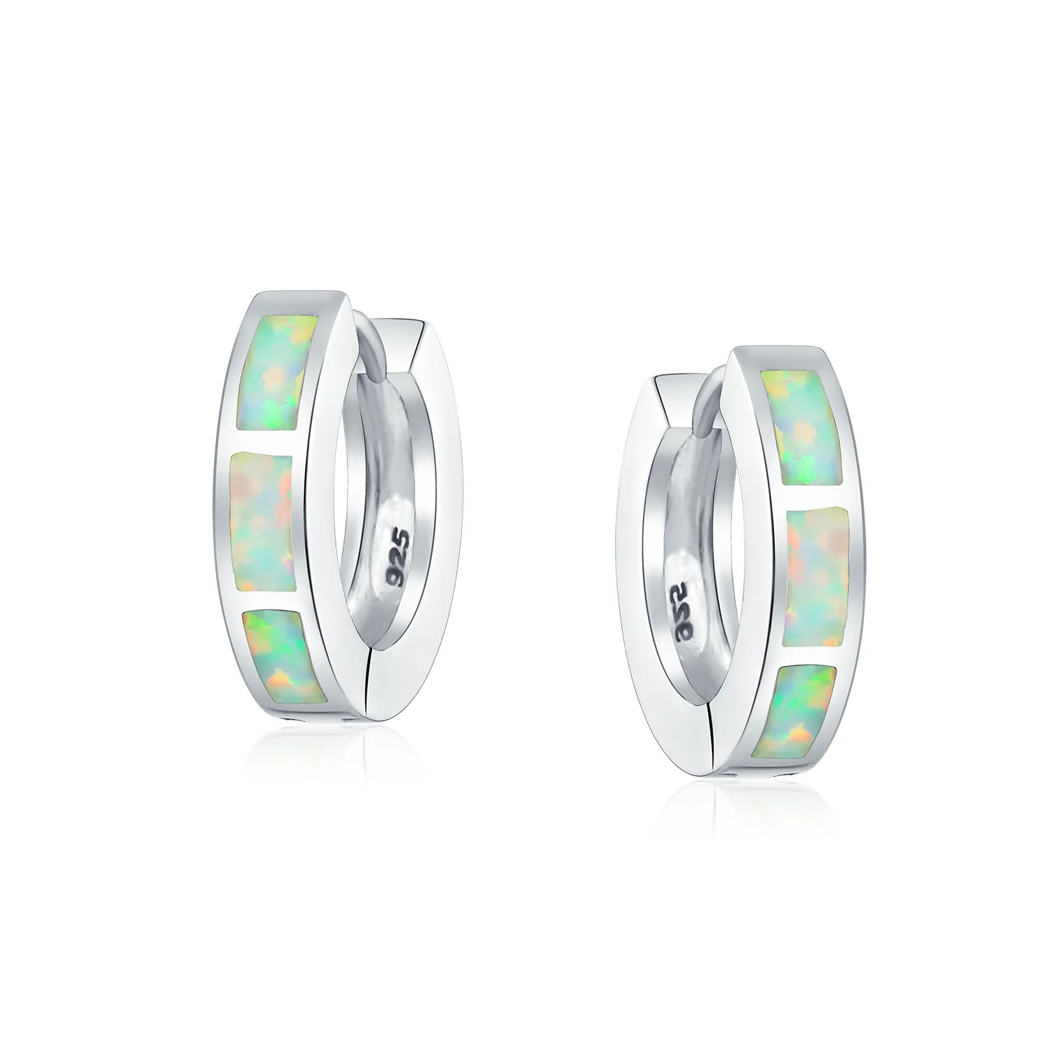 Created White Opal Inlay Iridescent Huggie Small Hoop Earrings .925 Sterling Silver .75" Dia - Image 3