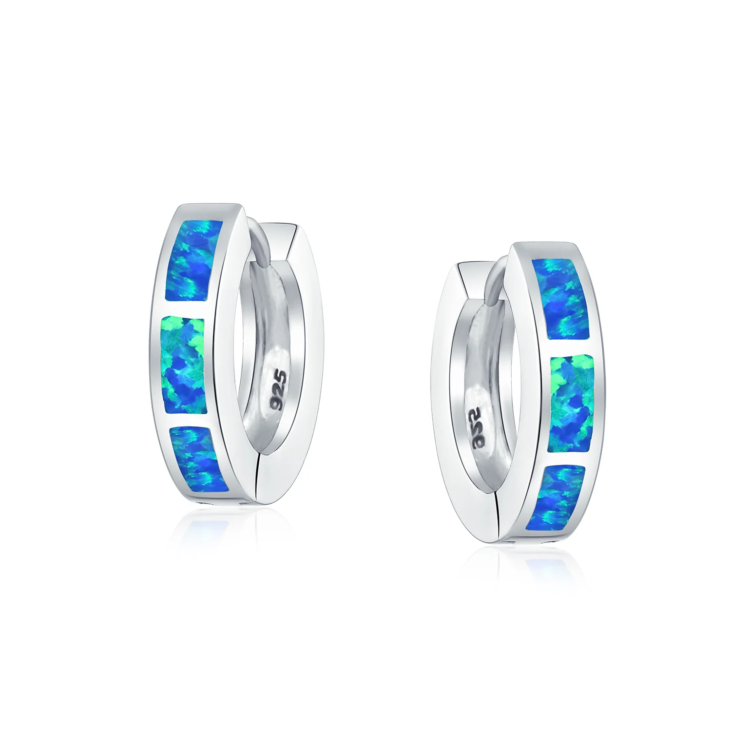 Created White Opal Inlay Iridescent Huggie Small Hoop Earrings .925 Sterling Silver .75" Dia - Image 4