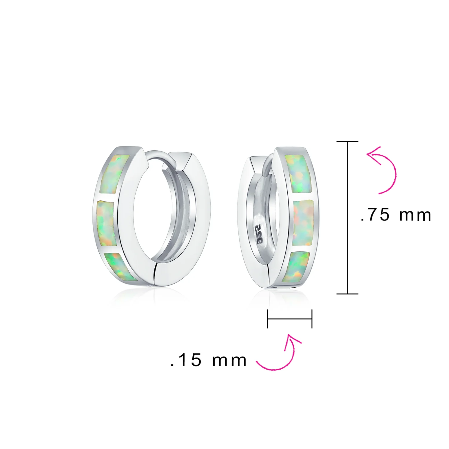 Created White Opal Inlay Iridescent Huggie Small Hoop Earrings .925 Sterling Silver .75" Dia - Image 7