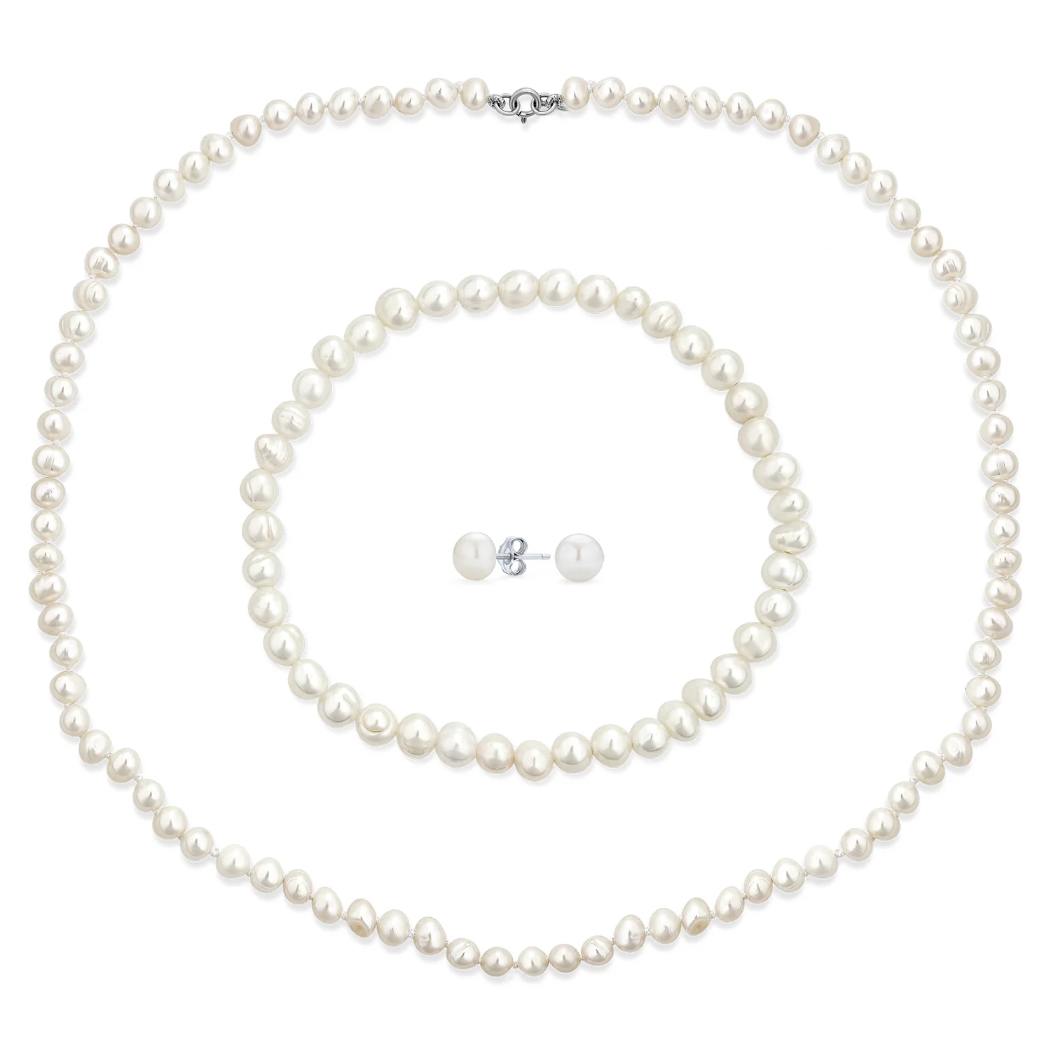 Classic White Freshwater Pearl Necklace Bracelet & Earrings Jewelry Set 18 Inch